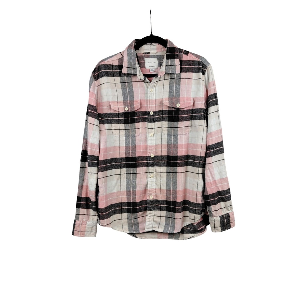 American Eagle Outfitters Super Soft Plaid Flannel Shirt Pink Black Cream Size M